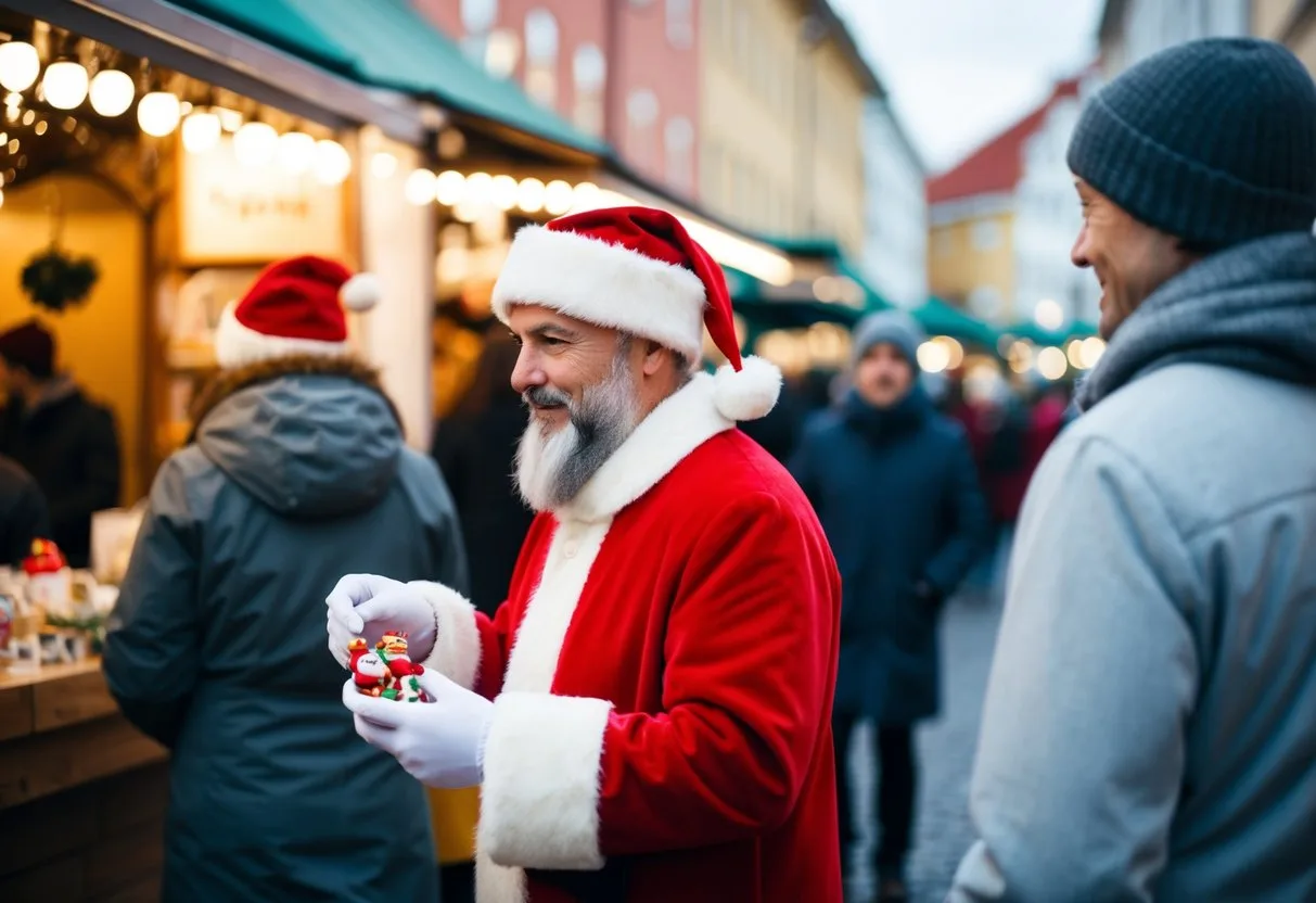 En kunde køber et julemandskostume på et festligt marked i Sverige